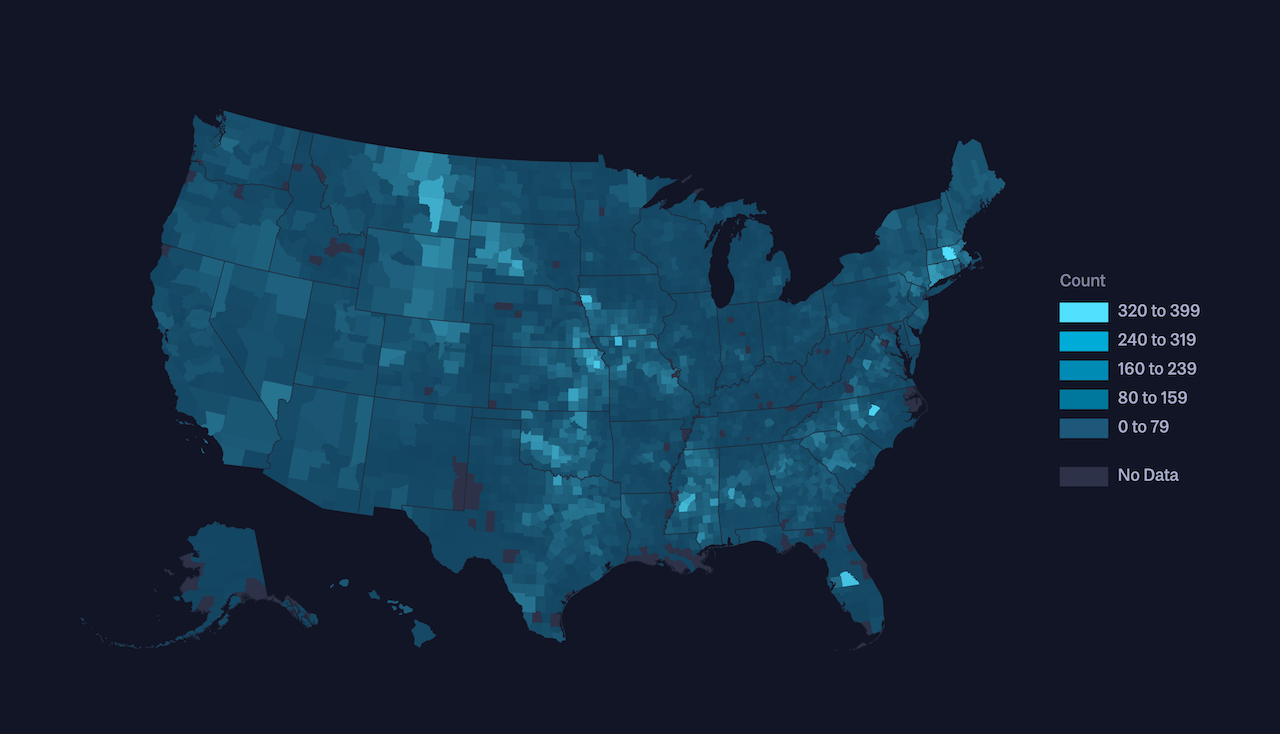A choropleth map displaying US counties in varying shades of blue