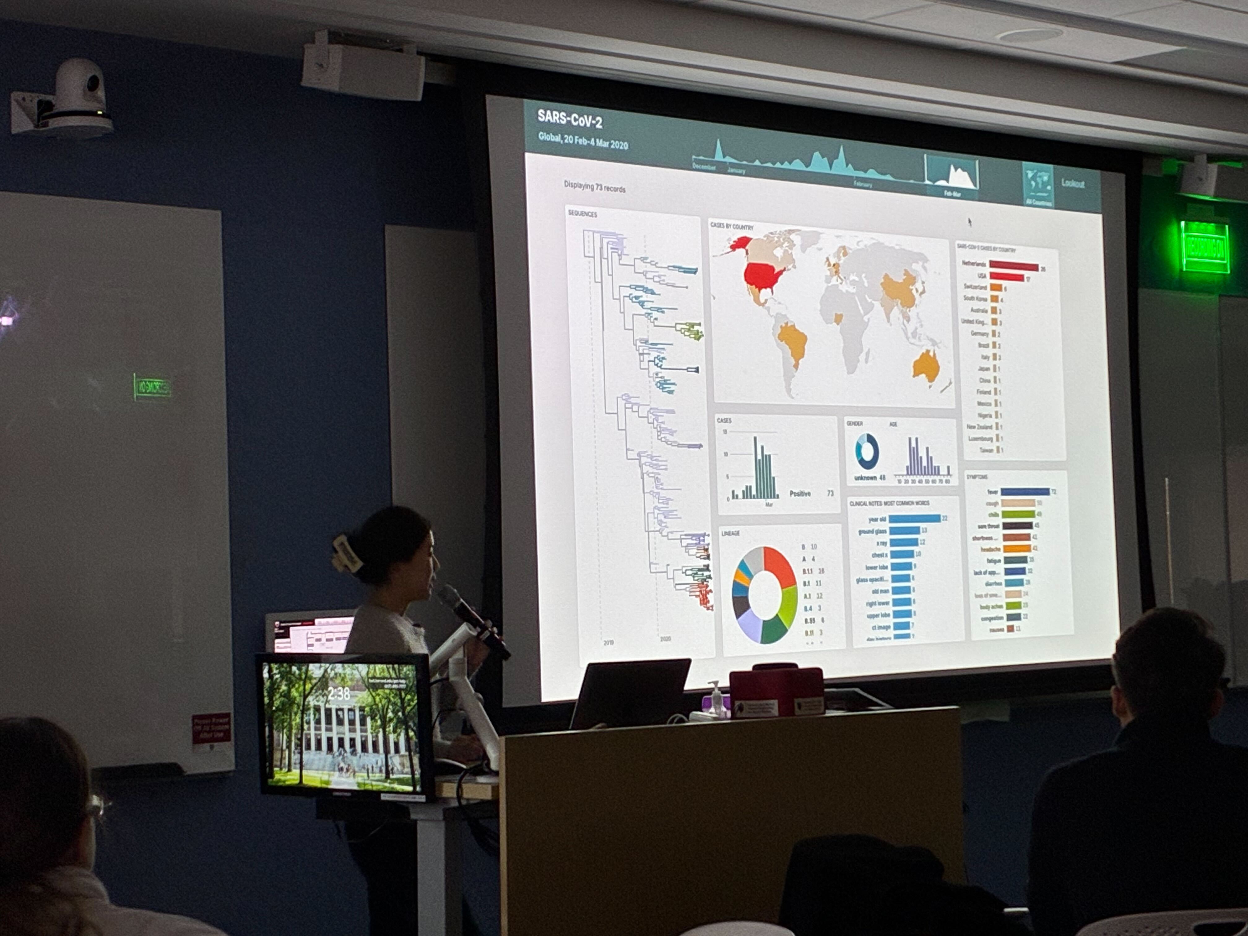 A person giving a talk in front of a projector showing a surveillance dashboard for COVID
