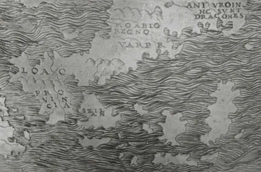 The Golden Chersonese on the Lenox globe with the phrase Hic sunt dracones at the upper right.