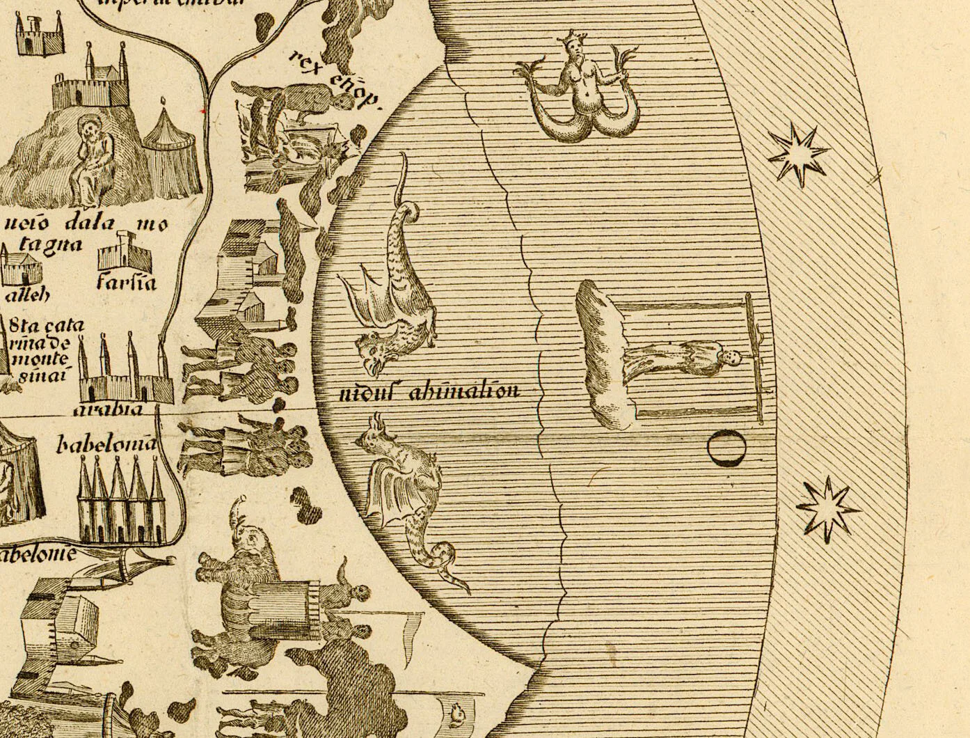 An old map with drawings of dragons placed off southren Africa.