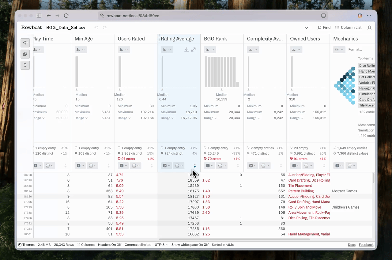 Video of 97 rows containing errors being selected and then hidden within Rowboat.