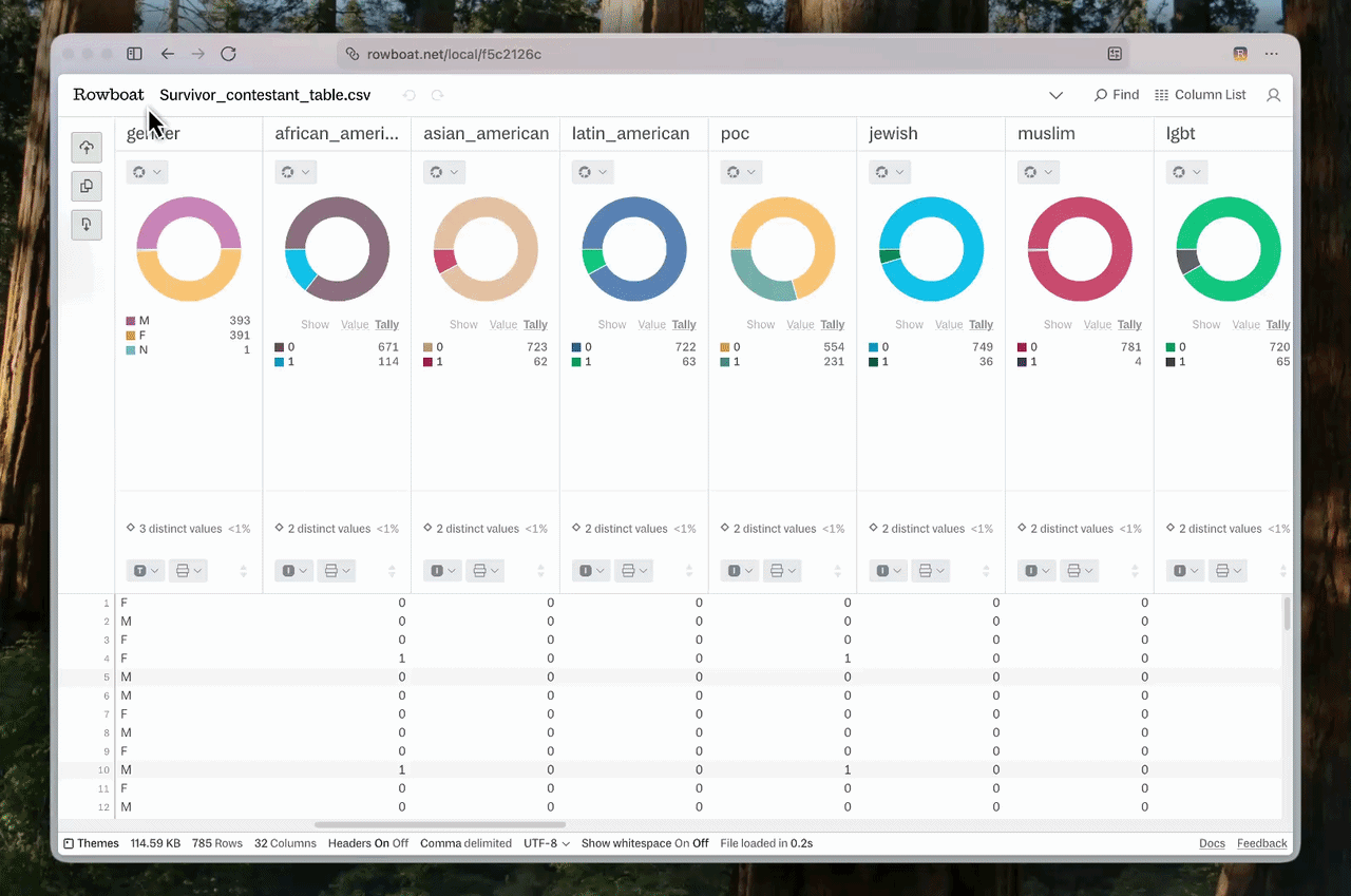 Video of multiple columns being selected within Rowboat. The inline representation feature is then applied to all selected columns.