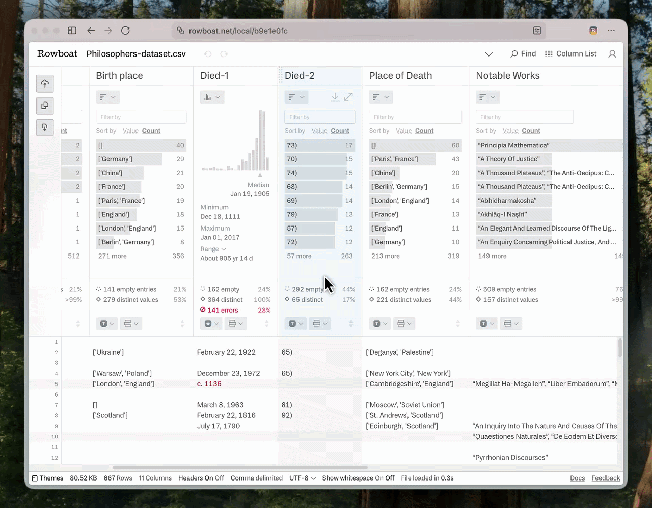 Video using the Find and Replace feature in Rowboat to find all cells containing an unnecessary close parenthesis symbol and remove the parenthesis.